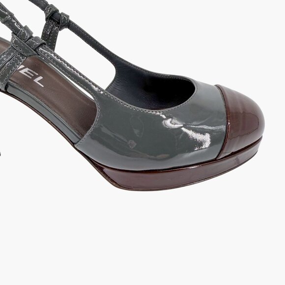 Chanel Gray Burgundy Patent Cap Toe Slingback Platform Pumps Size 37.5 US 6.5–7 - Picture 9 of 15